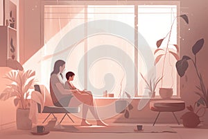 Minimalist Mother\'s Day illustration that depicts a mother and child in a peaceful indoor setting.