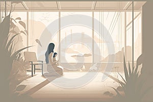 Minimalist Mother\'s Day illustration that depicts a mother and child in a peaceful indoor setting.