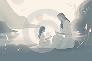 Minimalist Mother\'s Day illustration that depicts a mother and child in a peaceful indoor setting.