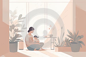 Minimalist Mother\'s Day illustration that depicts a mother and child in a peaceful indoor setting.