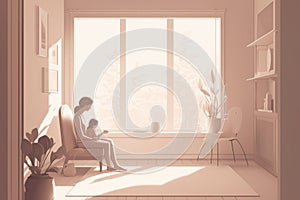 Minimalist Mother\'s Day illustration that depicts a mother and child in a peaceful indoor setting.