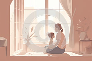 Minimalist Mother\'s Day illustration that depicts a mother and child in a peaceful indoor setting.