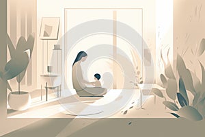 Minimalist Mother\'s Day illustration that depicts a mother and child in a peaceful indoor setting.