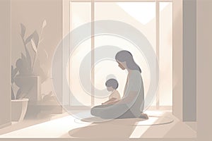 Minimalist Mother\'s Day illustration that depicts a mother and child in a peaceful indoor setting.