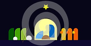 Minimalist nativity scene illustration shapes to represent the birth of Christ in the stable