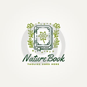 minimalist nature book line art icon logo vector illustration design. simple modern dairy book with leaf decoration logo concept