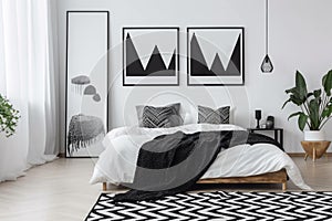 Minimalist Nordic Bedroom with Black and White Artwork, AI Generative