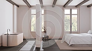Minimalist nordic dark wooden spa suite in white and beige tones. Bedroom and bathroom with bathtub. Parquet and beams ceiling.