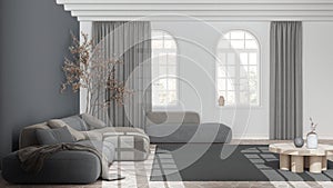 Minimalist nordic living room in white and gray tones. Velvet sofa, stone floor, vaulted ceiling and arched windows. Scandinavian