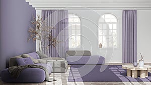 Minimalist nordic living room in white and purple tones. Velvet sofa, stone floor, vaulted ceiling and arched windows.