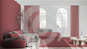 Minimalist nordic living room in white and red tones. Velvet sofa, stone floor, vaulted ceiling and arched windows. Scandinavian