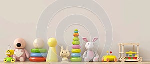 A minimalist nursery setup with soft-toned toys, including a pastel stacking tower and plush rabbit, creating a calm and