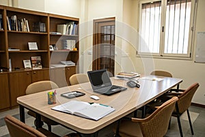 Simple office interior with large table and chairs photo