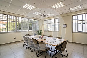 Simple office interior with large table and chairs photo