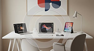 Minimalist office setup featuring a white desk with two laptops, a tablet, keyboard,