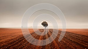 Minimalist oil paint landscape of a tree in the middle of deforestation field with gloomy sky