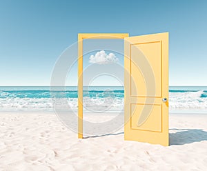 Minimalist Open Door to Sandy Beach and Turquoise Sea