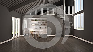 Minimalist open space, white and gray kitchen with mezzanine and modern spiral staircase, loft with bedroom, concept interior desi