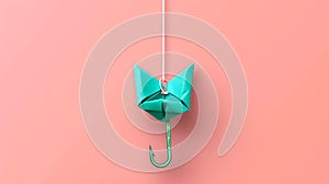 Minimalist Origami Cat Hanging on a Hook Against Pink Background. Creative, Simple, Artistic Design Concept. Perfect for