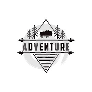 Minimalist outdoor adventure badge logo with pine trees, bison and arrow vector illustration
