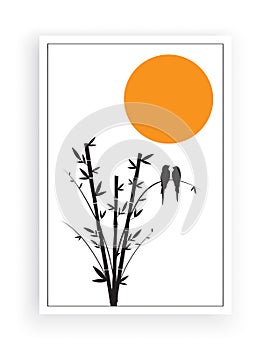 Birds silhouettes on bamboo tree on sunset