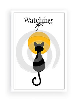 Watching you, wall decals vector, minimalist poster design, cat silhouette on full moon illustration, wall artwork