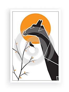 Giraffe silhouette on sunset and branches illustration, vector. Minimalist wall art work