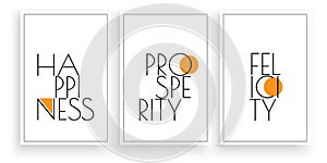 Happiness, prosperity, felicity vector. Scandinavian art design. Three pieces minimalist poster design. Wall art work photo