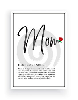 Minimalist Wording Design, Mom definition, Wall Decor, Wall Decals Vector, Mom noun description, Wordings Design photo