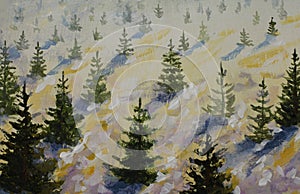 minimalist painting fir trees on a winter day in the mountains
