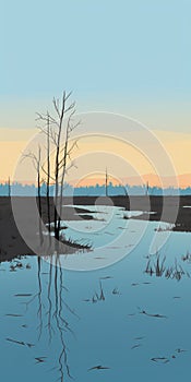 Minimalist Painting Of Icecovered Marsh At Sunset