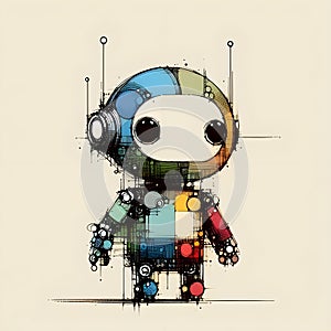 Minimalist painting of sci-fi cute robot , pen and ink sketch.