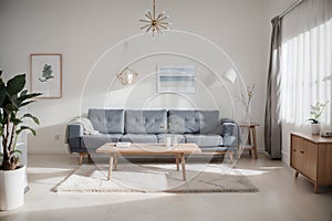 Minimalist Pastel color and modern room interior design,light gray sofa with blue wall and wood floor ,summer concept,