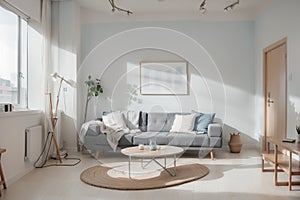 Minimalist Pastel color and modern room interior design,light gray sofa with blue wall and wood floor ,summer concept,