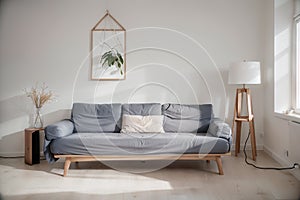 Minimalist Pastel color and modern room interior design,light gray sofa with blue wall and wood floor ,summer concept,