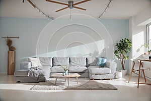 Minimalist Pastel color and modern room interior design,light gray sofa with blue wall and wood floor ,summer concept,