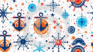 Minimalist pattern with anchors, ship wheels, and compasses, navy blue and white color scheme