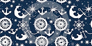 Minimalist pattern with anchors, ship wheels, and compasses, navy blue and white color scheme