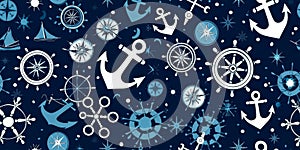 Minimalist pattern with anchors, ship wheels, and compasses, navy blue and white color scheme