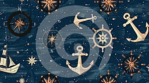 Minimalist pattern with anchors, ship wheels, and compasses, navy blue and white color scheme