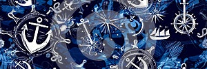 Minimalist pattern with anchors, ship wheels, and compasses, navy blue and white color scheme