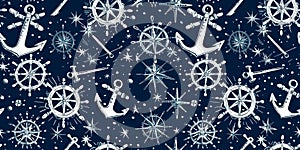 Minimalist pattern with anchors, ship wheels, and compasses, navy blue and white color scheme