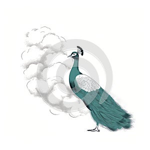 Minimalist Peacock Artwork Illustration With Clouds