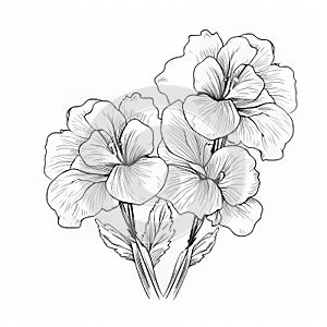 Minimalist Pencil Drawing Of Geranium Flowers On White Background