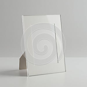 A minimalist photo frame on a plain, light-colored surface. The frame is rectangular