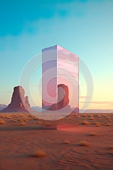 minimalist photography concept where a transparent cube stands in the midst of a vast desert landscape. photo