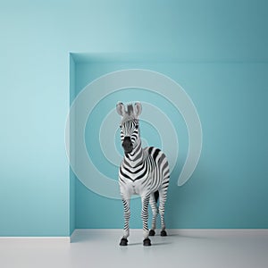 Minimalist Photography Of A Cute Zebra In A Blue And White Room