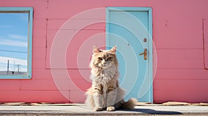 Minimalist Photography Furry Cat In Front Of A Pink House