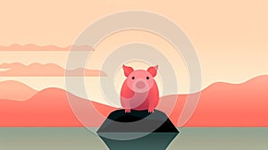 Minimalist Pig Illustration On Rock At Sunrise photo