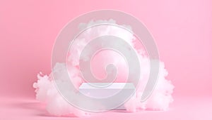 Minimalist Pink Cloudscape with White Podium: Dreamy Product Display Concept